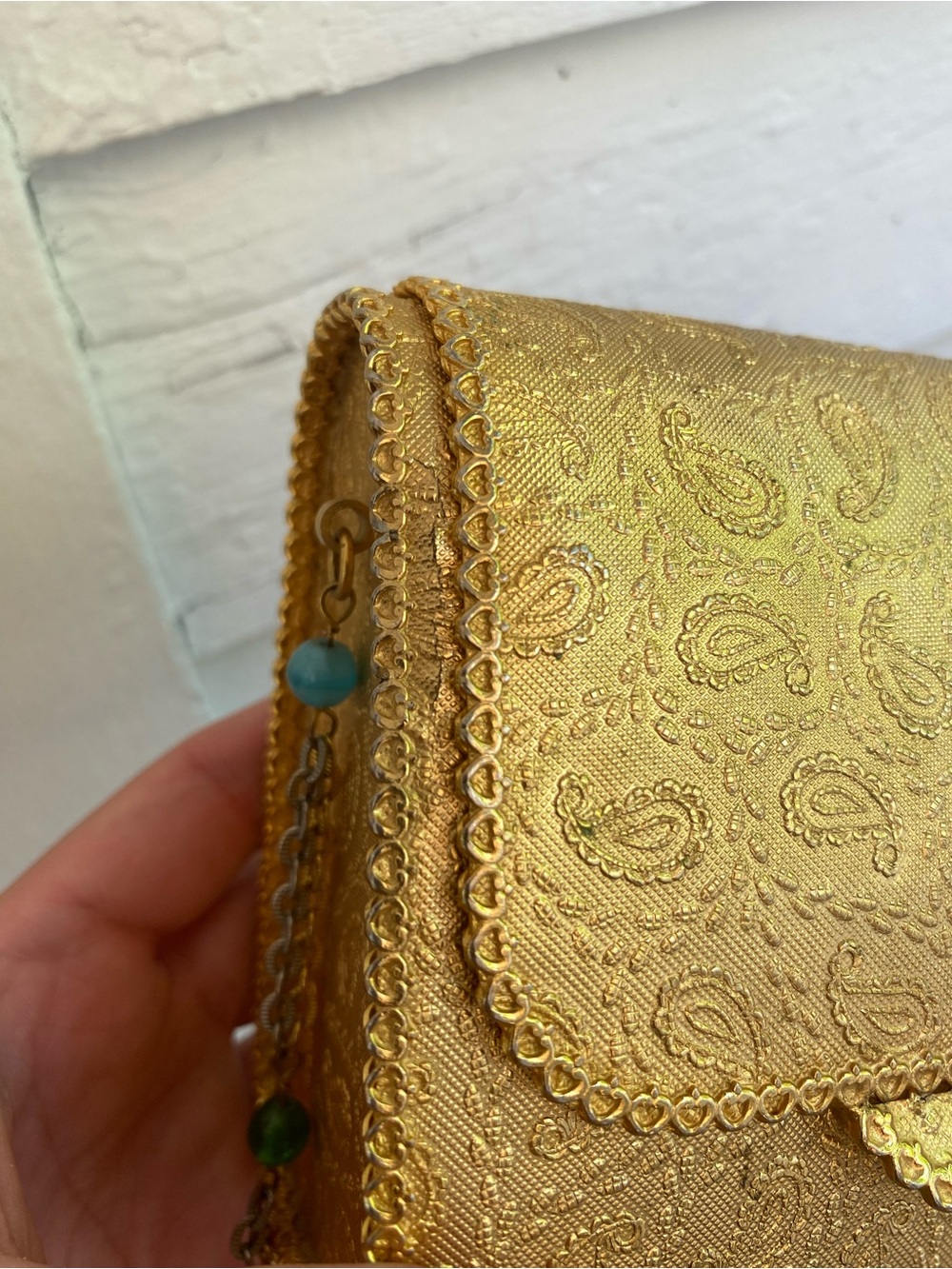 Vintage Italy Gold Metal Paisley Embossed Evening Shoulder Bag Minaudière - Picture 16 of 17